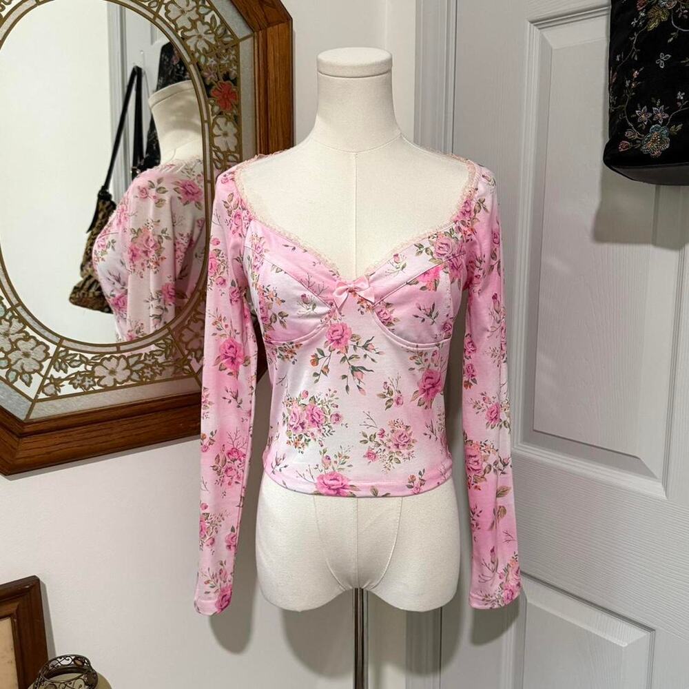 Dolls Kill Sugar Thrillz Pink & White Romantic Floral Sweetheart Coquette Top S